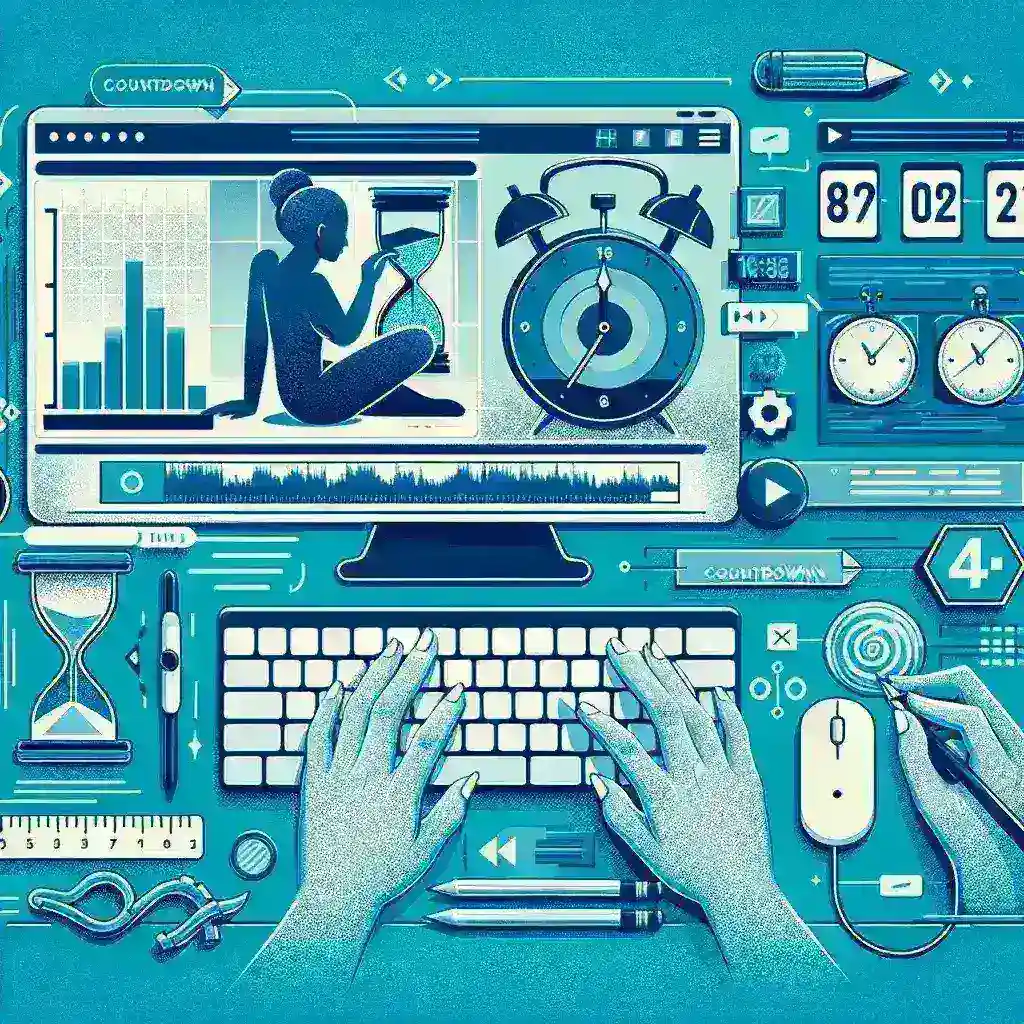 "Countdown video creation process including a timeline, editing tools, and visual elements, illustrating steps to produce engaging visual content."
