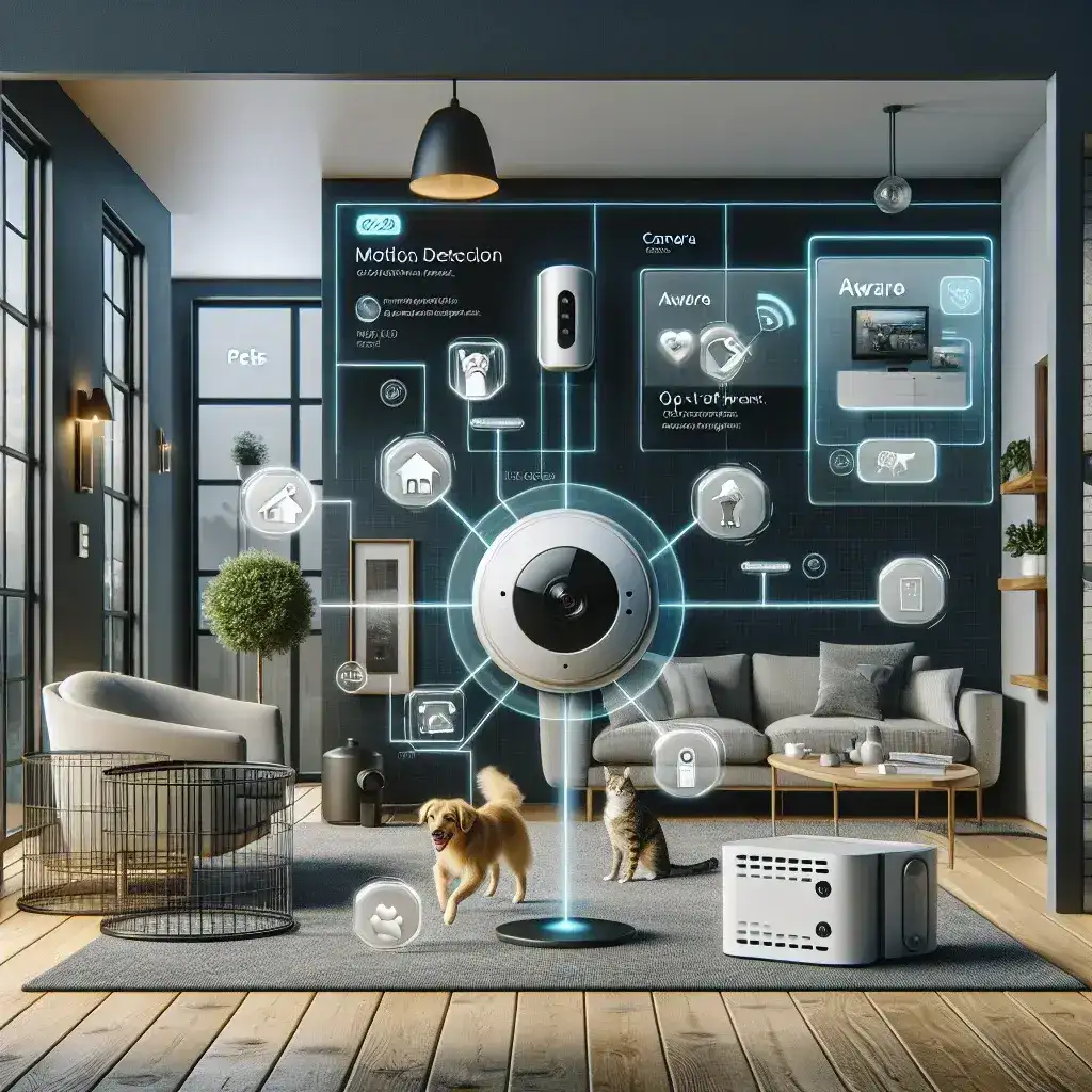 "Dog in living room with home security system featuring pet-aware motion detection, showcasing an advanced technology that allows pet owners to opt-out of alerts."